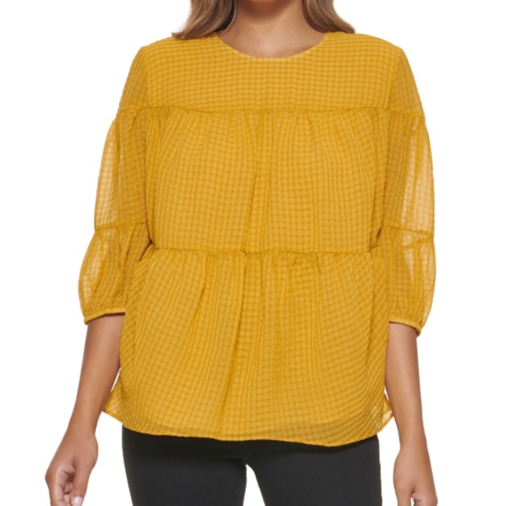 Calvin Klein Textured Chiffon 3/4 Sleeve Blouse, Ochre, Size: Small